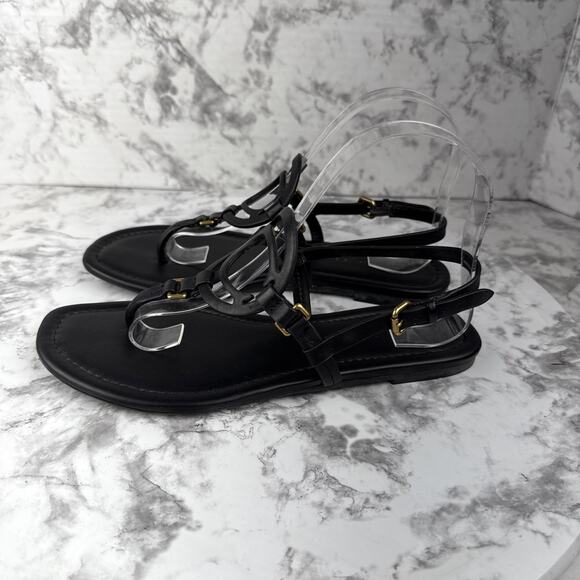 Coach Jeri Black Leather Sandals Size 7.5 Thong Slingback Flat C Logo Buckle - Picture 4 of 10